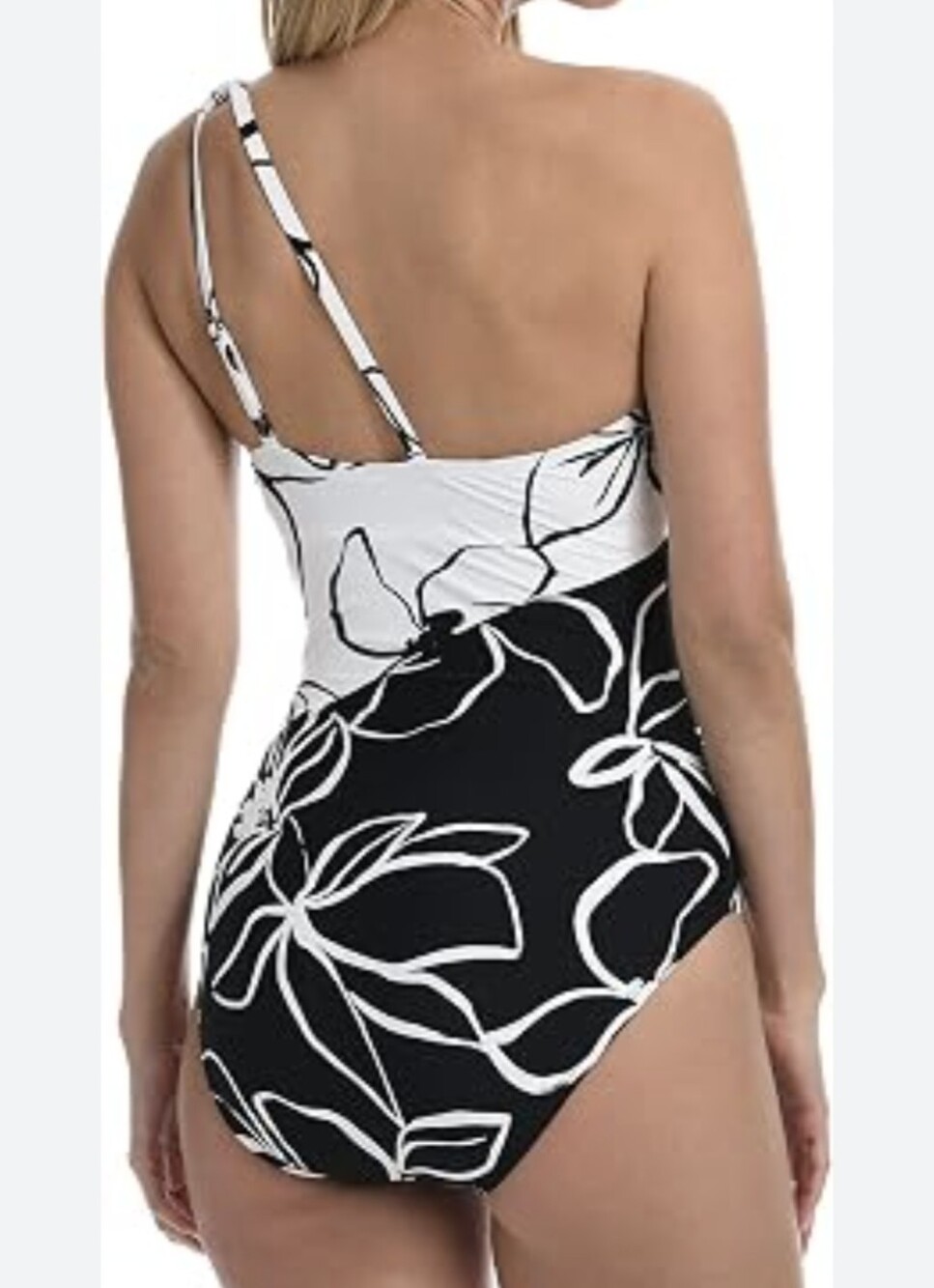 NWT LA BLANCA Moonlit Silhouette 1-shoulder keyhole swimsuit Black & White Sz.10 - Picture 4 of 11